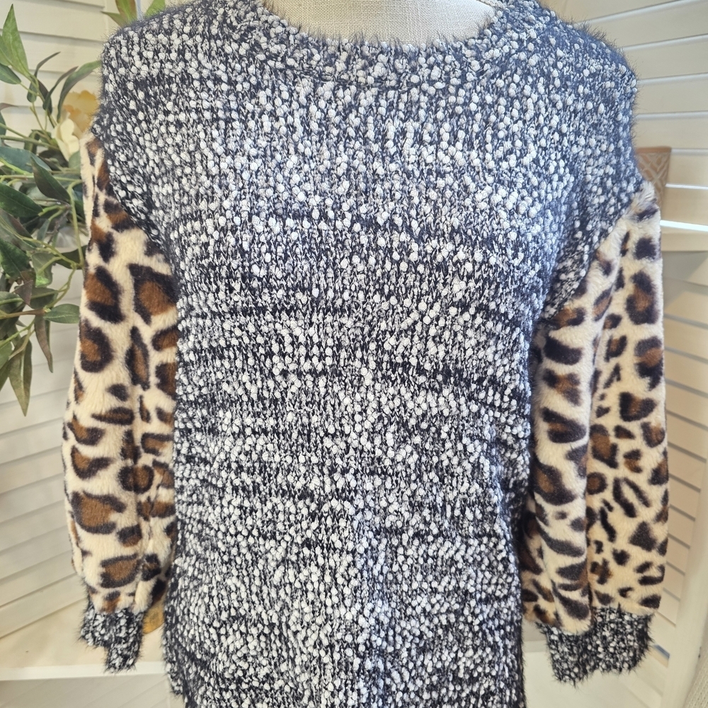 POL Black and White Textured Sweater with Leopard Sleeves